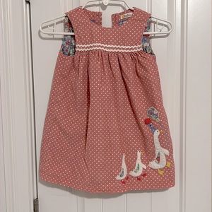 Mini Boden girls corduroy dress, pink with duck appliqué. Size 3-4 years.
